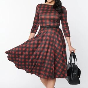 NWT UNIQUE VINTAGE Burgundy & Black Plaid Devon Swing Dress Belted Small 4